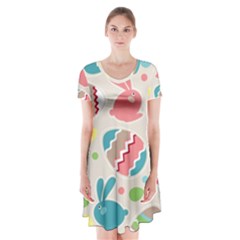 Easter Rabbit Bunny Rainbow Short Sleeve V-neck Flare Dress by Mariart