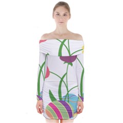 Eggs Three Tulips Flower Floral Rainbow Long Sleeve Off Shoulder Dress by Mariart