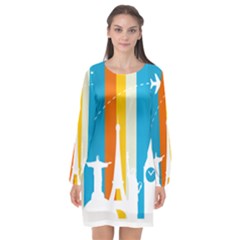 Eiffel Tower Monument Statue Of Liberty Long Sleeve Chiffon Shift Dress  by Mariart