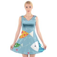 Fish Cute Swim Blue Sea V-neck Sleeveless Skater Dress by Mariart