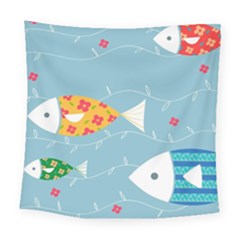 Fish Cute Swim Blue Sea Square Tapestry (large)