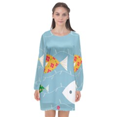 Fish Cute Swim Blue Sea Long Sleeve Chiffon Shift Dress  by Mariart