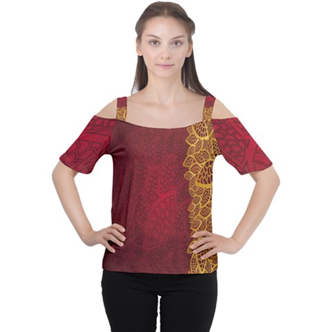 Floral Flower Golden Red Leaf Women s Cutout Shoulder Tee by Mariart