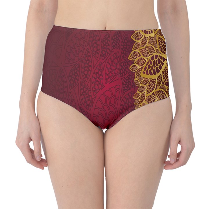 Floral Flower Golden Red Leaf High-Waist Bikini Bottoms