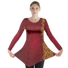 Floral Flower Golden Red Leaf Long Sleeve Tunic  by Mariart