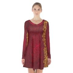 Floral Flower Golden Red Leaf Long Sleeve Velvet V-neck Dress by Mariart