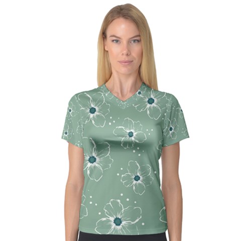 Flower Floral Sakura Sunflower Rose Blue Women s V-neck Sport Mesh Tee by Mariart