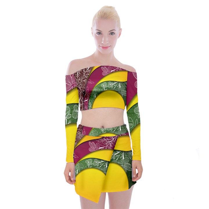 Flower Floral Leaf Star Sunflower Green Red Yellow Brown Sexxy Off Shoulder Top with Skirt Set