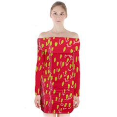 Fruit Seed Strawberries Red Yellow Frees Long Sleeve Off Shoulder Dress