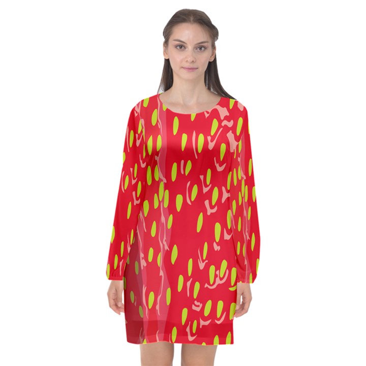 Fruit Seed Strawberries Red Yellow Frees Long Sleeve Chiffon Shift Dress 