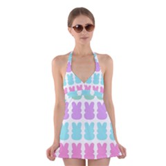 Happy Easter Rabbit Color Green Purple Blue Pink Halter Swimsuit Dress by Mariart