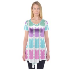 Happy Easter Rabbit Color Green Purple Blue Pink Short Sleeve Tunic  by Mariart