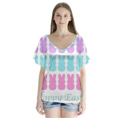 Happy Easter Rabbit Color Green Purple Blue Pink Flutter Sleeve Top by Mariart