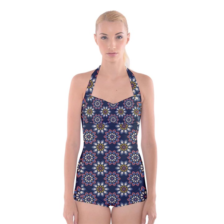 Floral Flower Star Blue Boyleg Halter Swimsuit 