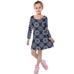 Floral Flower Star Blue Kids  Long Sleeve Velvet Dress by Mariart