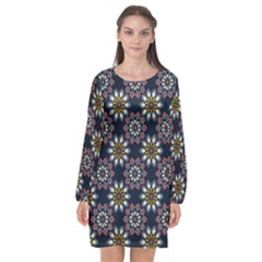 Floral Flower Star Blue Long Sleeve Chiffon Shift Dress  by Mariart