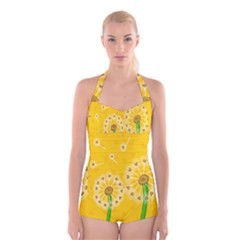 Leaf Flower Floral Sakura Love Heart Yellow Orange White Green Boyleg Halter Swimsuit  by Mariart