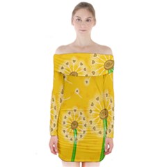 Leaf Flower Floral Sakura Love Heart Yellow Orange White Green Long Sleeve Off Shoulder Dress