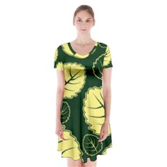 Leaf Green Yellow Short Sleeve V-neck Flare Dress by Mariart