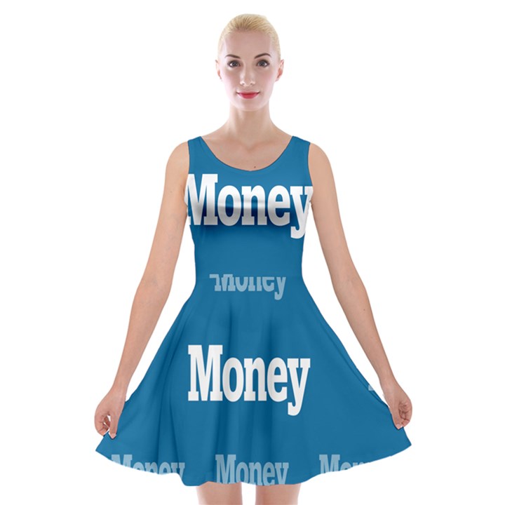 Money White Blue Color Velvet Skater Dress