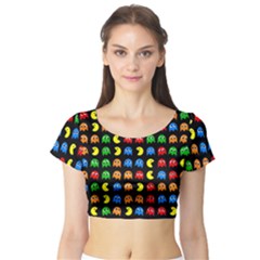 Pacman Seamless Generated Monster Eat Hungry Eye Mask Face Rainbow Color Short Sleeve Crop Top (tight Fit) by Mariart