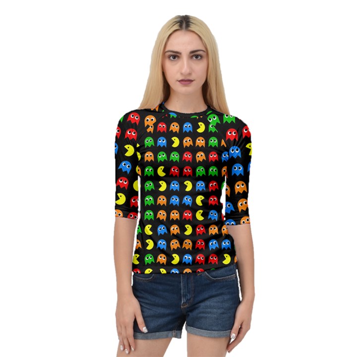 Pacman Seamless Generated Monster Eat Hungry Eye Mask Face Rainbow Color Quarter Sleeve Tee