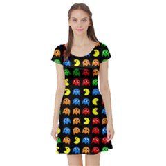 Pacman Seamless Generated Monster Eat Hungry Eye Mask Face Rainbow Color Short Sleeve Skater Dress by Mariart