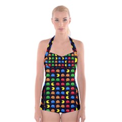 Pacman Seamless Generated Monster Eat Hungry Eye Mask Face Rainbow Color Boyleg Halter Swimsuit  by Mariart