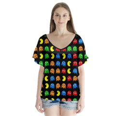 Pacman Seamless Generated Monster Eat Hungry Eye Mask Face Rainbow Color Flutter Sleeve Top by Mariart