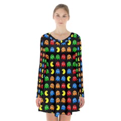 Pacman Seamless Generated Monster Eat Hungry Eye Mask Face Rainbow Color Long Sleeve Velvet V-neck Dress by Mariart