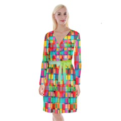 Plaid Line Color Rainbow Red Orange Blue Chevron Long Sleeve Velvet Front Wrap Dress