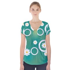 Sunflower Sakura Flower Floral Circle Green Short Sleeve Front Detail Top by Mariart