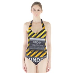 Under Construction Sign Iron Line Black Yellow Cross Halter Swimsuit by Mariart