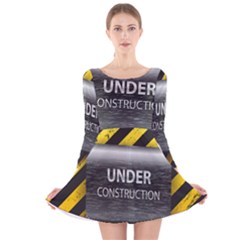 Under Construction Sign Iron Line Black Yellow Cross Long Sleeve Velvet Skater Dress by Mariart