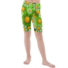 Sunflower Flower Floral Green Yellow Kids  Mid Length Swim Shorts by Mariart