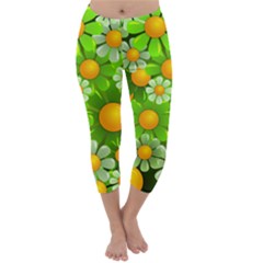 Sunflower Flower Floral Green Yellow Capri Winter Leggings  by Mariart