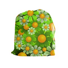 Sunflower Flower Floral Green Yellow Drawstring Pouches (extra Large) by Mariart