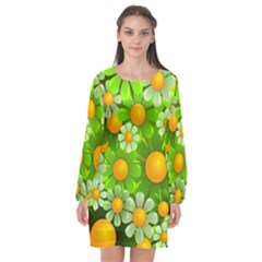 Sunflower Flower Floral Green Yellow Long Sleeve Chiffon Shift Dress  by Mariart