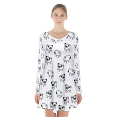 Pug Dog Pattern Long Sleeve Velvet V-neck Dress by Valentinaart