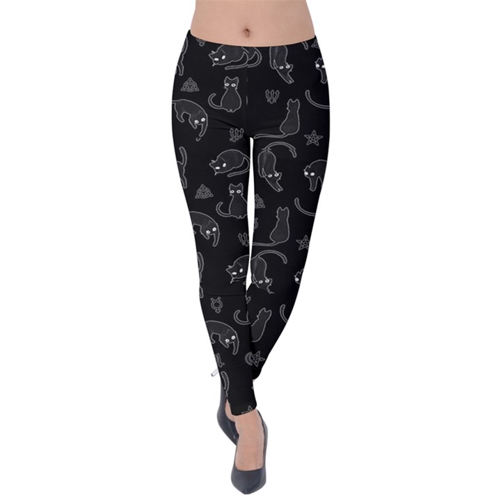 Black cats and witch symbols pattern Velvet Leggings