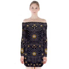 Lace Of Pearls In The Earth Galaxy Pop Art Long Sleeve Off Shoulder Dress by pepitasart