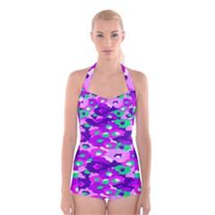 Violet Blossoms Boyleg Halter Swimsuit 