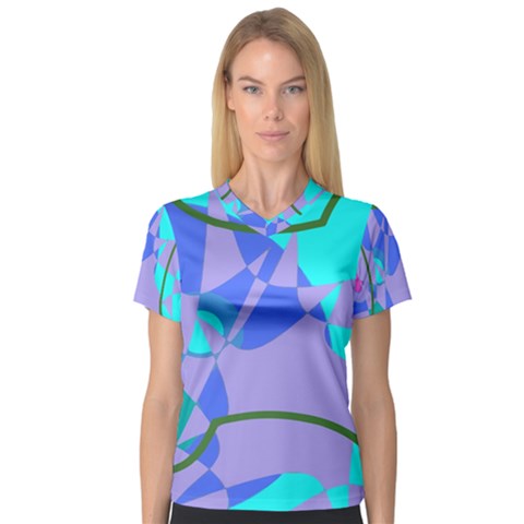 Purple Blue Shapes              Women s V-neck Sport Mesh Tee by LalyLauraFLM