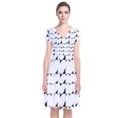 Black And White Wavy Stripes Pattern Short Sleeve Front Wrap Dress by dflcprintsclothing