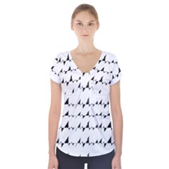 Black And White Wavy Stripes Pattern Short Sleeve Front Detail Top by dflcprintsclothing