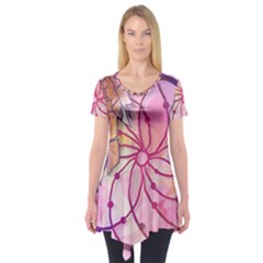 Watercolor Cute Dreamcatcher With Feathers Background Short Sleeve Tunic  by TastefulDesigns