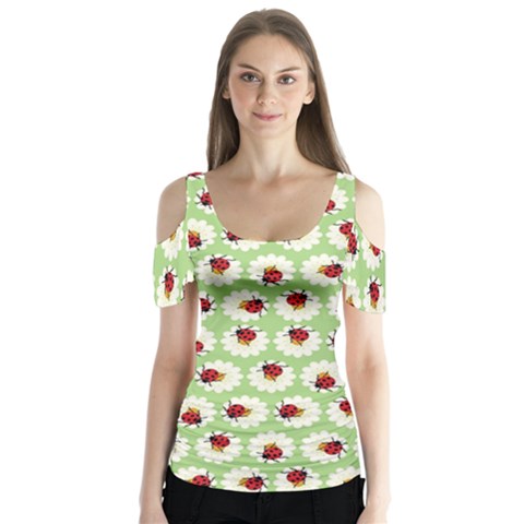 Ladybugs Pattern Butterfly Sleeve Cutout Tee  by linceazul