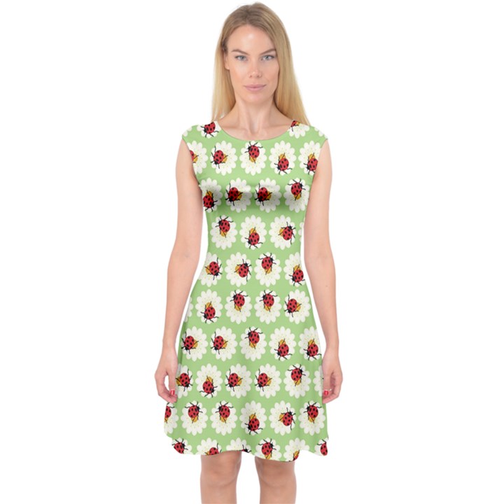 Ladybugs Pattern Capsleeve Midi Dress