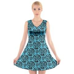 Turquoise Pattern V-neck Sleeveless Skater Dress by linceazul