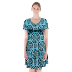 Turquoise Pattern Short Sleeve V-neck Flare Dress by linceazul